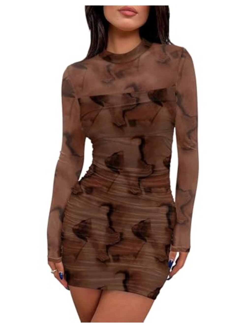 Women's Mesh Long Sleeve Ruched Bodycon Mini Dress Mock Neck Party Club